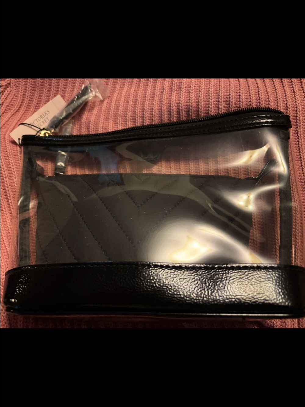 Victoria's Secret Clear Cosmetic Bag with Black Trim with quilted black case